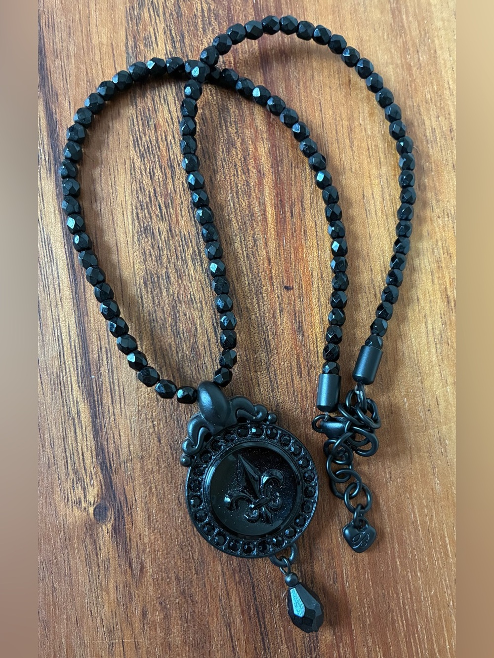 Brighton Black Faceted Glass Beaded Fleur-de-Lis Necklace Pendant Rhinestone